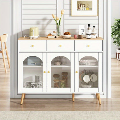Wit metalen dressoir – buffetkast – opbergkast – keukenkast – vitrinekast – 3 lades & 3 gebogen glazen deuren – stevig metaal met brede opbergruimte