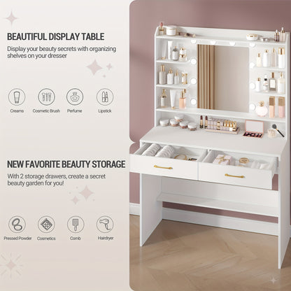 Jewelry Cabinet, Dressing Table with Mirror, Accessory Storage, Vanity Table with Shelves And 2 Drawers, for Bedroom, Living Room, Adjustable Brightness, 40 X 100 X 149cm, White, Jewelry Armoires - QUORE