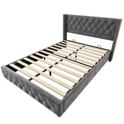 Bedframe Queen – Gestoffeerd Tweepersoonsbed – Platformbed – Bedframe Met Hoofdbord – Lits-Jumeaux – Grijs Fluweel – Lattenbodem – Stijlvol Button-Tufted Hoofdeinde