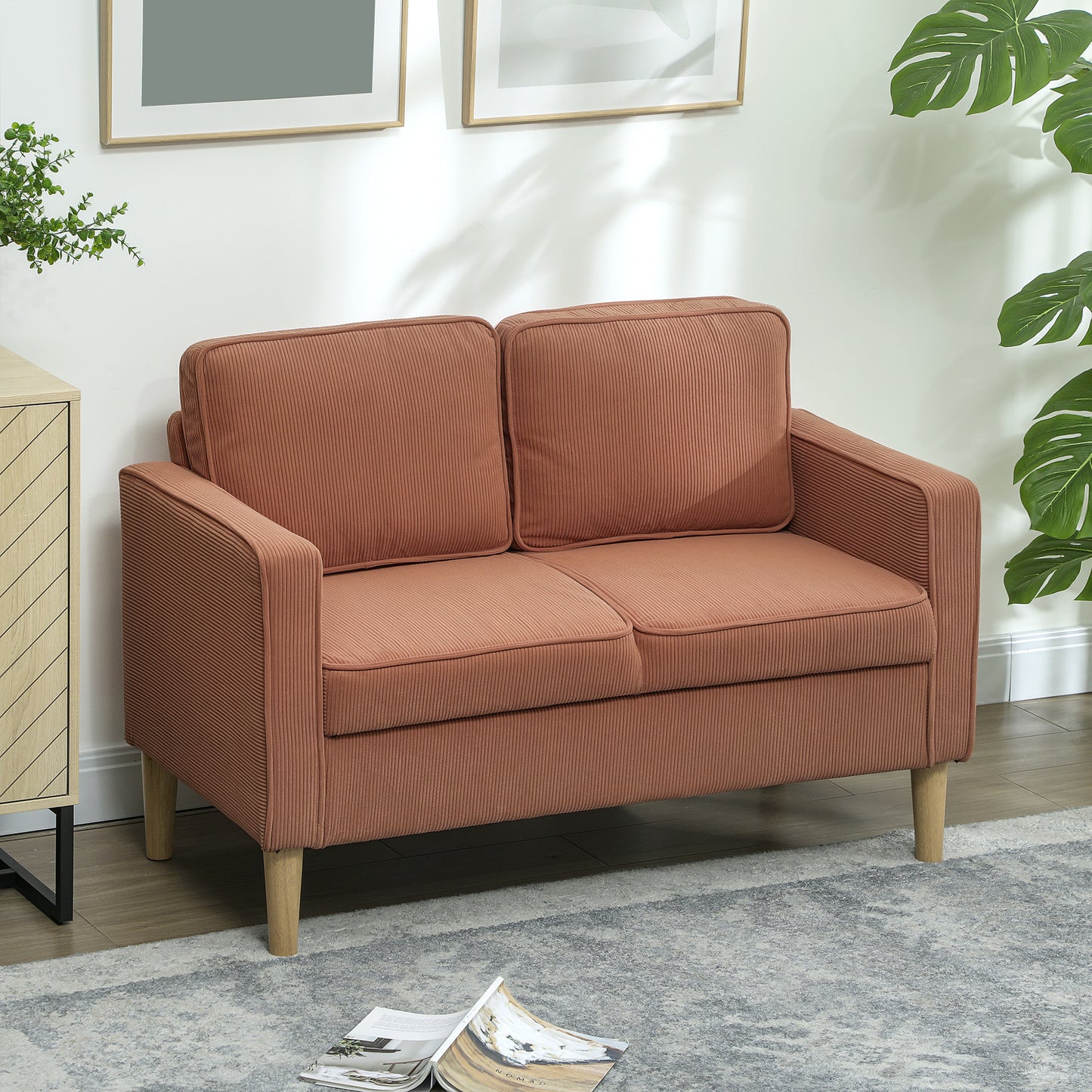 2-zitsbank – tweezitsbank – loveseat – kleine bank – canapé – met bergruimte en armleuningen – roze corduroy stof – massief houten frame – 117x63x79 cm