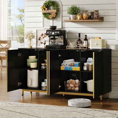 Zwart Sideboard – Buffetkast – Dressoir – Keukenkast – Buffetkast Met Opbergruimte – 150 Cm Breed – Wavy Fluted Deuren Met Verstelbare Metalen Poten