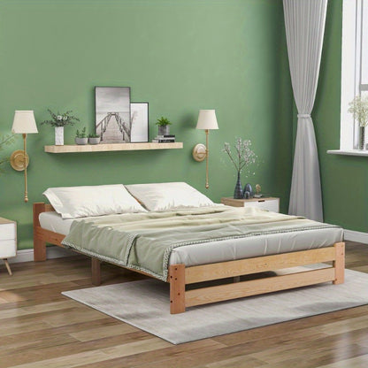 Massief Houten Bedframe – Futon Bed – Platformbed – Slaapbank – Boxspringframe – Met Hoofdbord – Met Lattenbodem – Naturel Afwerking – 200x140 cm Queen Size – Scandinavisch Minimalistisch Design