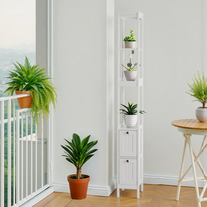 Space-Saving Narrow Tall Bookshelf Cabinet - Heavy-Duty Freestanding Storage Unit with 2 Drawers & 3 Shelves, Slim Modern design for Living Room, Bedroom, Home Office - Sturdy Metal Construction, Easy Assembly, White Finish (