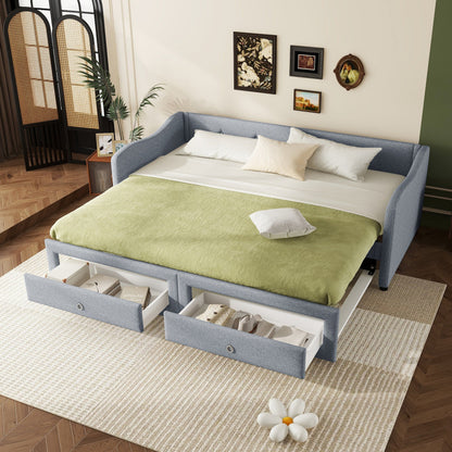 Slaapbank – Sofa Bed – Bedbank – Uitschuifbed – Bedbank met Lade – Grijze Linnenstof – Ruimtebesparend Ontwerp – Met 2 Opberglades