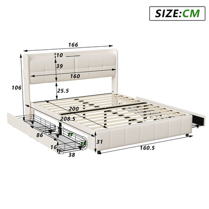 Bed Met Opbergruimte – Tweepersoonsbed – Volwassenenbed – Boxspringbed – Slaapbank – 160 x 200 cm – Fluweel Beige – 4 Ruime Ladekasten
