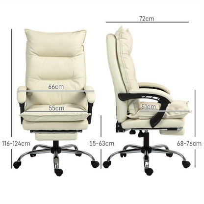 Bureaustoel – Kantoorstoel – Office Chair – Werkstoel – Bureau Stoel – Ergonomisch Design – Verstelbare Zithoogte 55-63 cm – Ingebouwde Voetensteun – Beige Kunstleer – Stevige Houten Basis