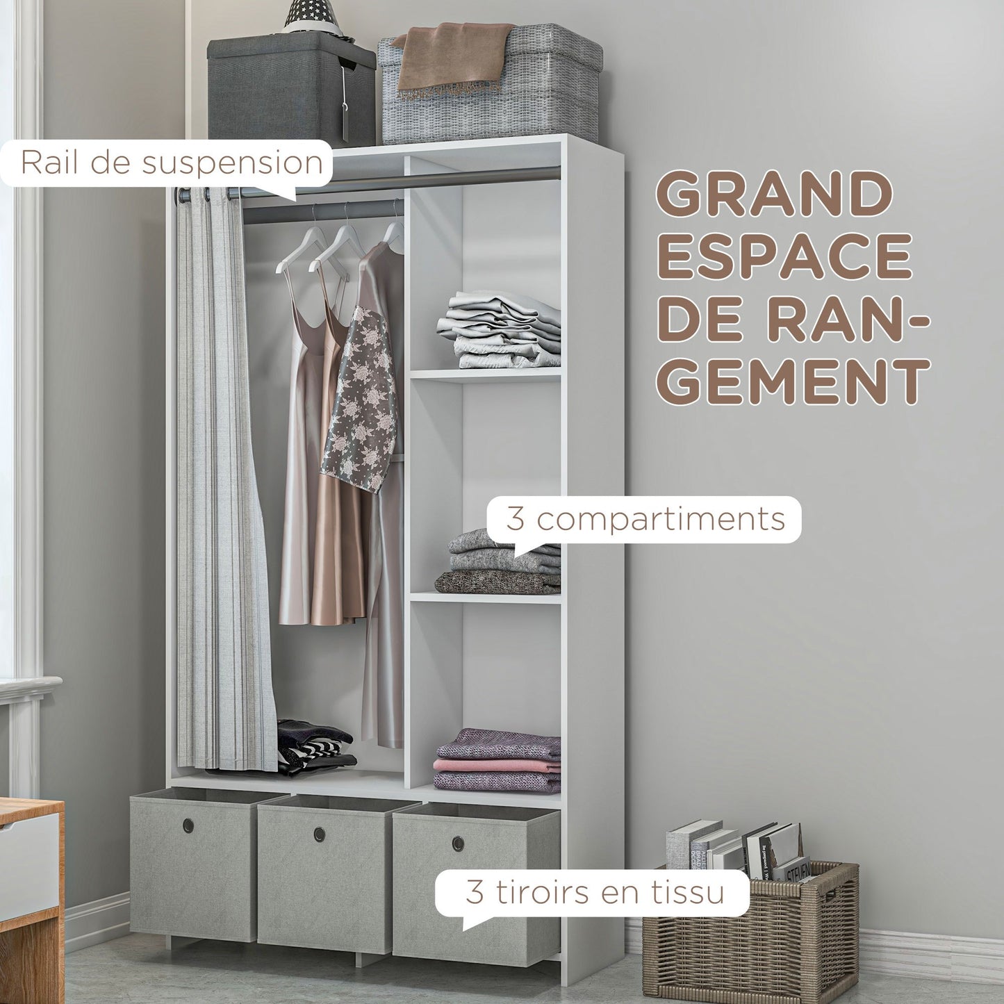 Kledingkast – Garderobekast – Opbergkast – Kleerkast – Kast Met Gordijn – Ruime Hangplek 117,5 cm – 3 Uitneembare Stoffen Lades – Wit – 105x48x160 cm