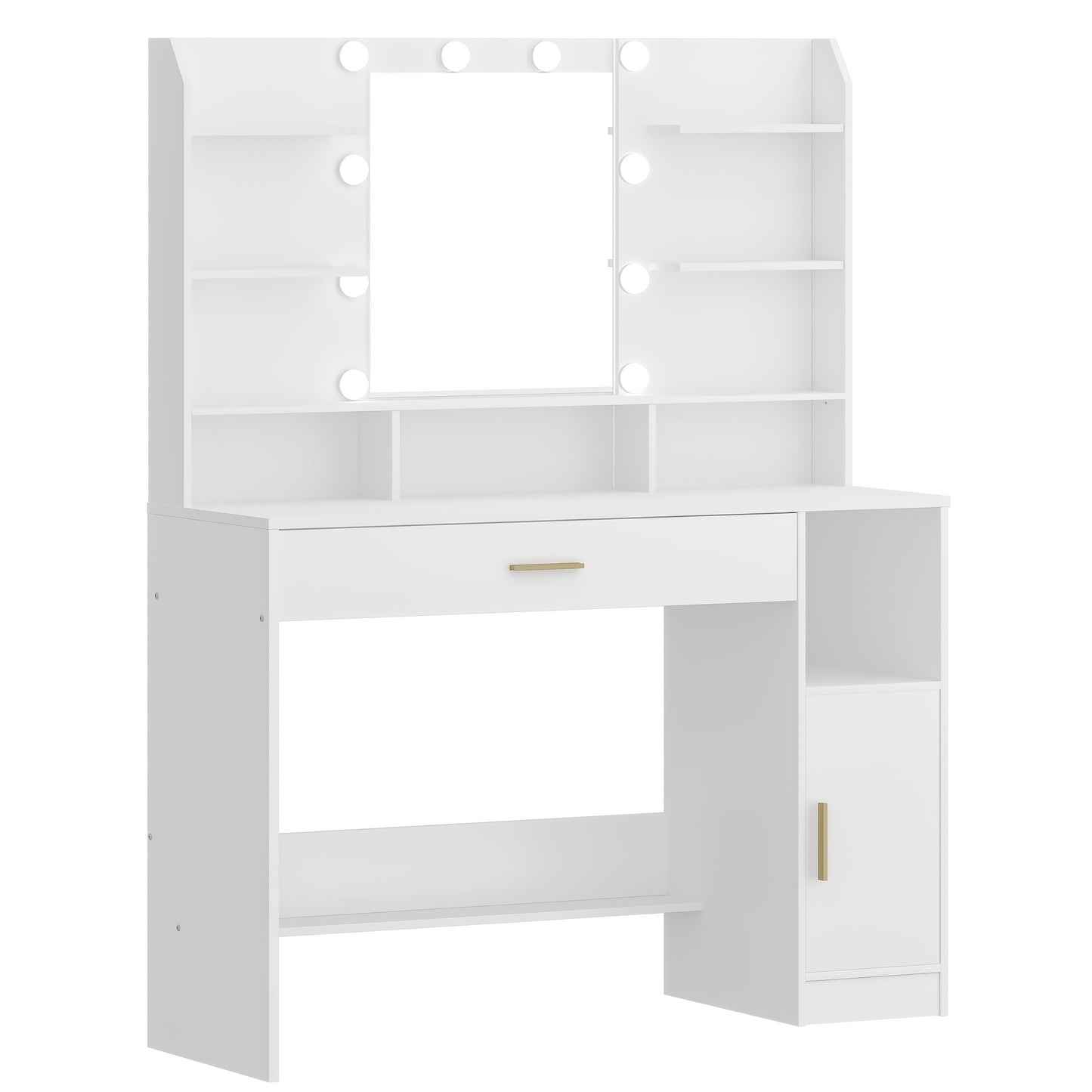 Dressing Table, Large Table Top With Mirror, Adjustable Brightness, With Drawers And Storage Cabinets, Open Shelves, For Bedroom, Wardrobe, White