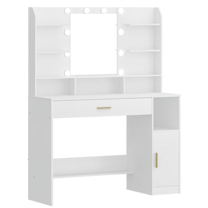 Dressing Table, Large Table Top With Mirror, Adjustable Brightness, With Drawers And Storage Cabinets, Open Shelves, For Bedroom, Wardrobe, White