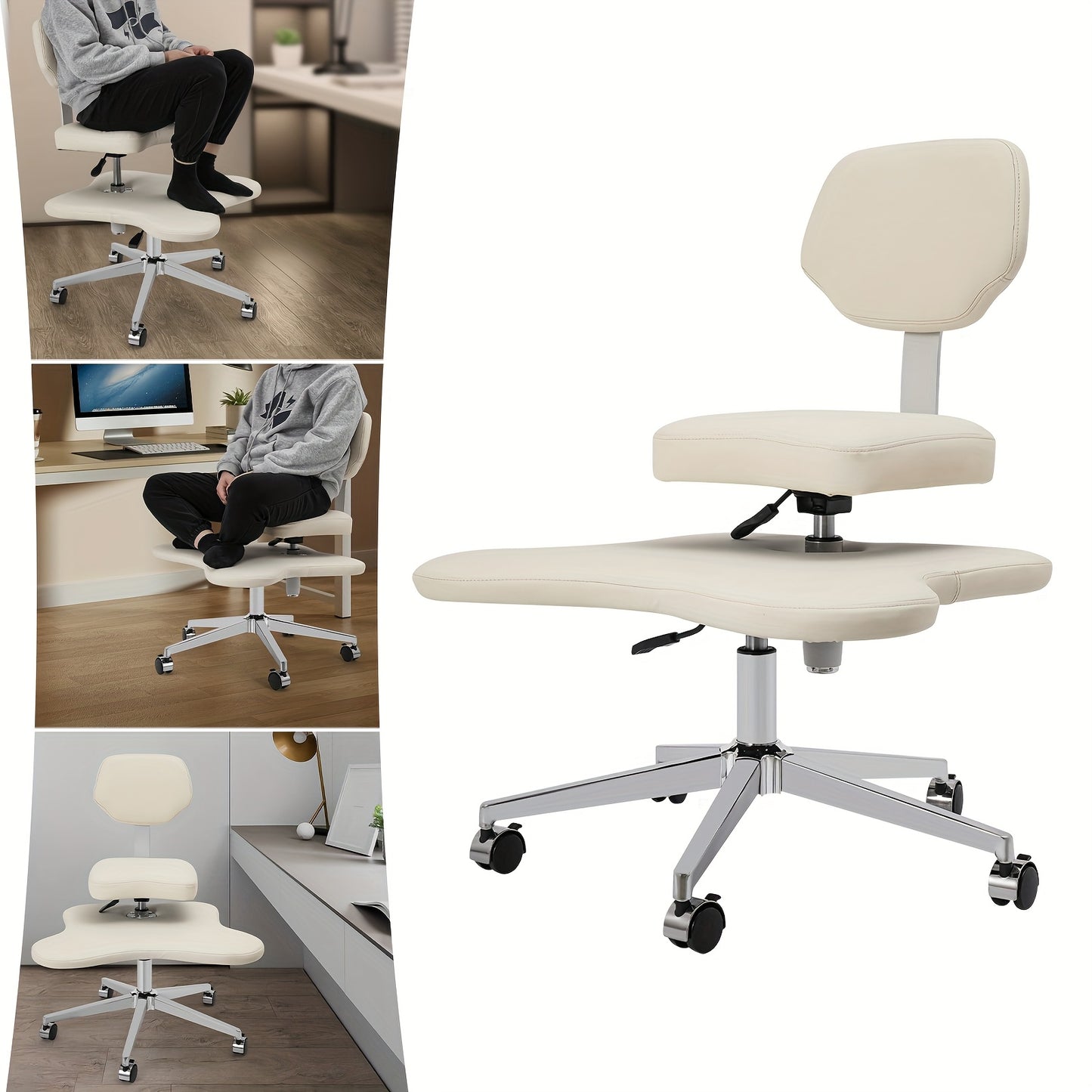 Meditatiestoel – Kruisbeenzitstoel – Verstelbare Kantoorstoel – Yoga Stoel – Wieltjes Met Rem – Hoogte Verstelbaar – Stevig Metalen Frame – Comfortabel Ivoorwit