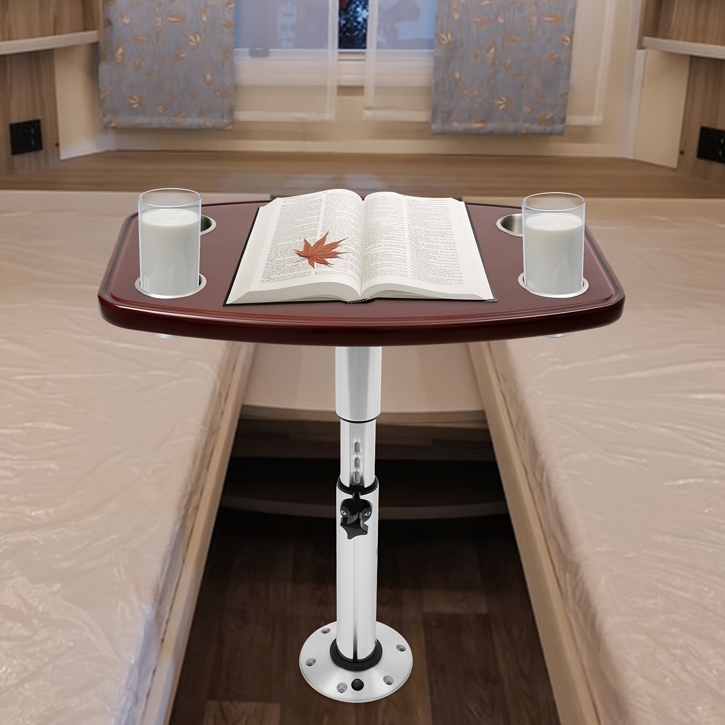 Verstelbare Tafel – Kampeertafel – Caravantafel – Boottafel – Campertafel – Eikenhouten Blad – 4 Bekerhouders – Hoogte Verstelbaar 56,5-72 cm