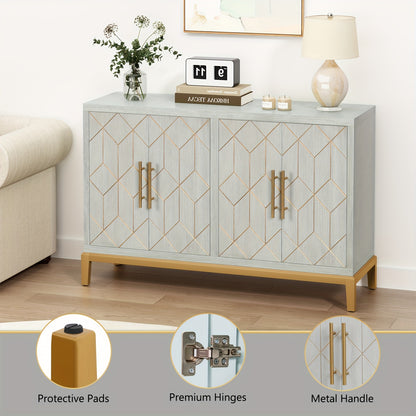 Kast – Opbergkast – Dressoir – Garderobekast – Vrijstaande Kast Groen – 4 Deuren – Verstelbare Planken – Gouden Accenten – Massief Hout & Vezelplaat