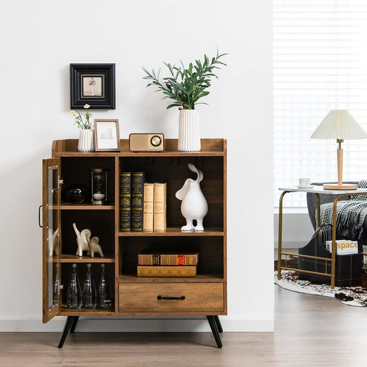 Bijzettafel – Sidetable – Nachtkastje – End Table – Recordplayer Tafel – MDF Metalen Poten – Verstelbare Voeten – Rustiek Bruin