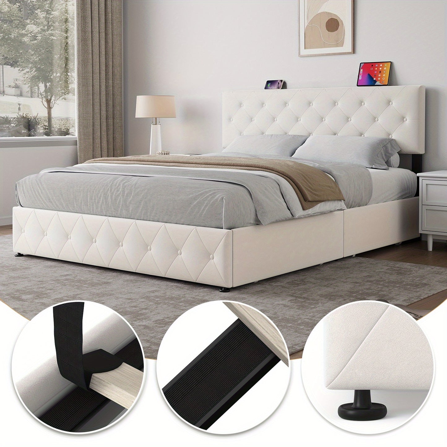 Bedkast – Bedframe – Nachtkastje – Opbergkast – Slaapkamerkast – 140x200 cm – Fluwelen Getuft Hoofdbord – 4 Opberglades
