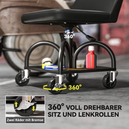 Werkplaatskruk – Werkkruk – Werkbankkruk – Werkstoel – Wielenkruk – Met Opbergrek – 58,5 cm Hoog – Draagvermogen 135 kg – Zwart Metalen Frame