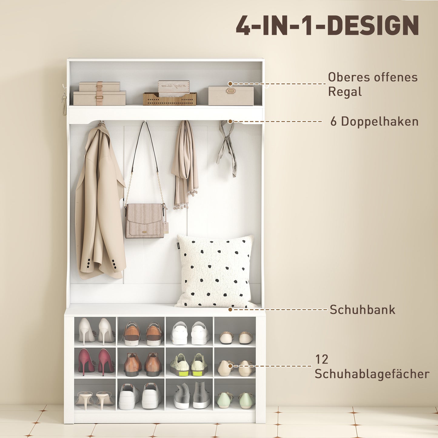 Kapstokkast – Kapstok – Garderobekast – Opbergkast – Halmeubel – Wit – Met Bankje – Schoenopbergruimte – Stevig MDF – Compact Ontwerp