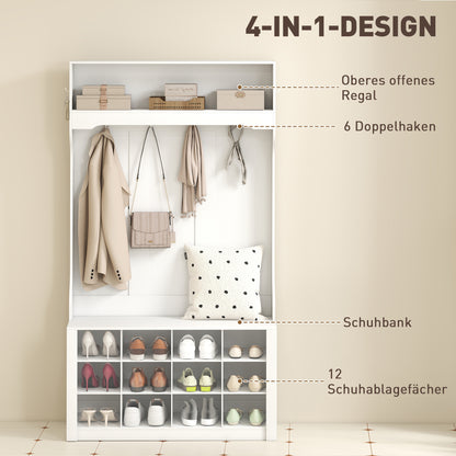 Kapstokkast – Kapstok – Garderobekast – Opbergkast – Halmeubel – Wit – Met Bankje – Schoenopbergruimte – Stevig MDF – Compact Ontwerp