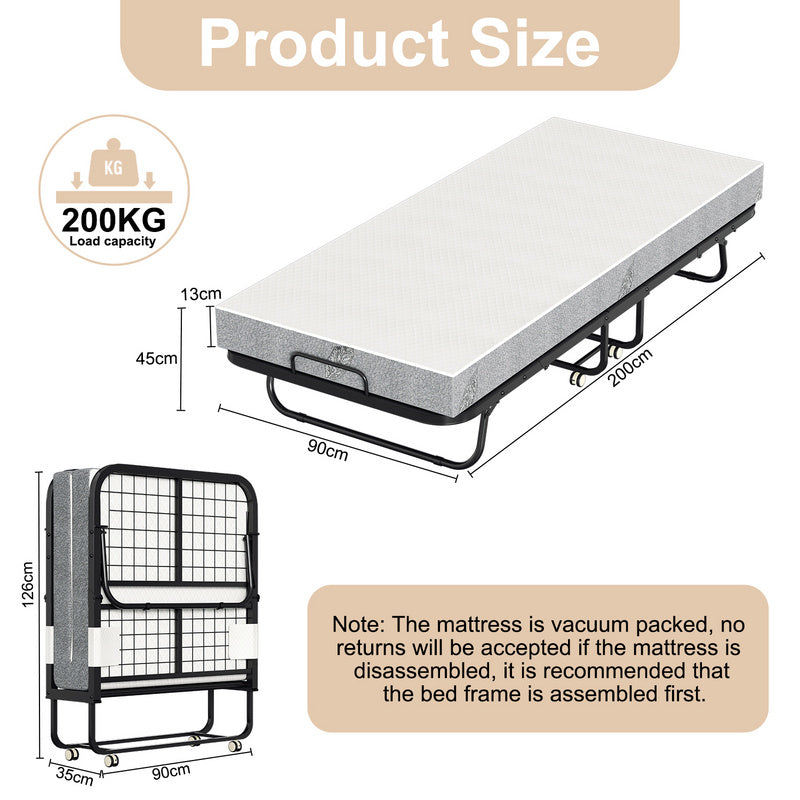Vouwbed – Opklapbed – Logeerbed – Reisbed – Gastbed – 90x200 cm – Stevig Carbonstaal Frame – Comfortabele 13 cm Dikke Matras