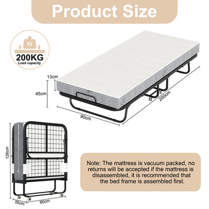 Vouwbed – Opklapbed – Logeerbed – Reisbed – Gastbed – 90x200 cm – Stevig Carbonstaal Frame – Comfortabele 13 cm Dikke Matras