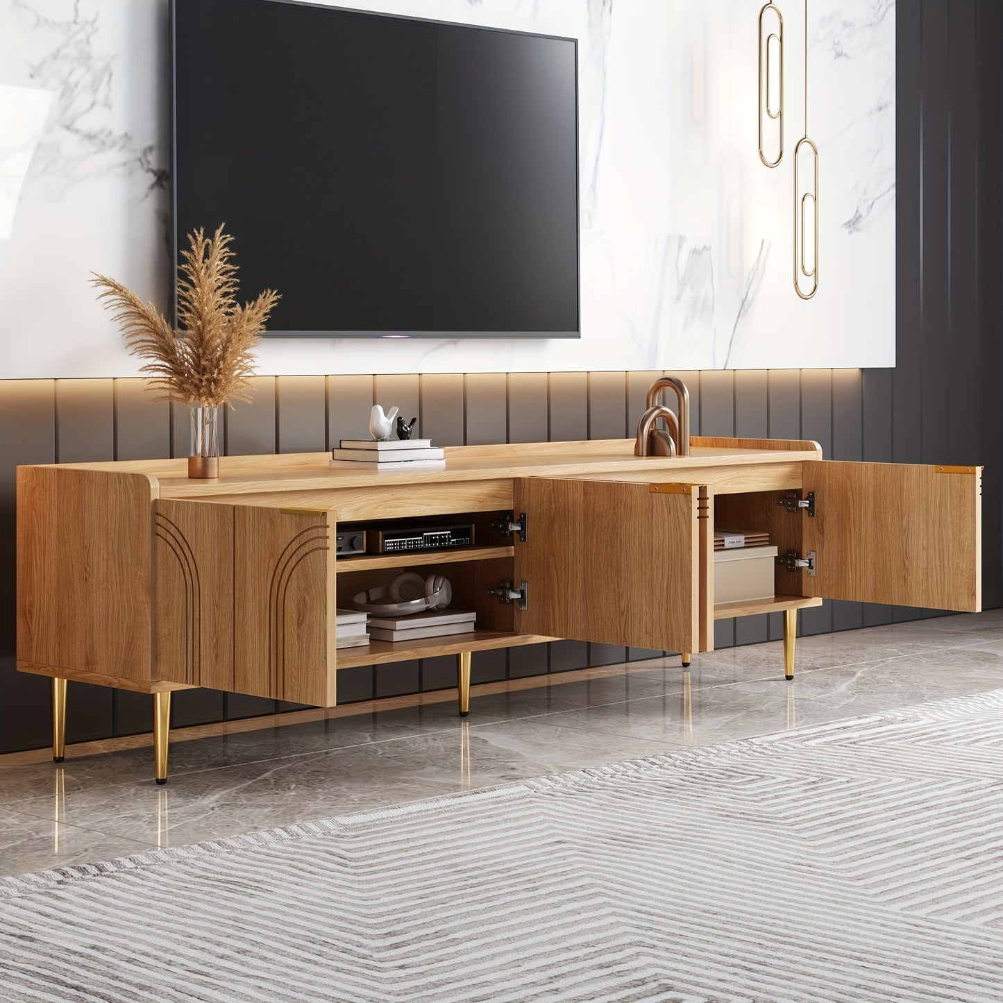 tv meubel – tv kast – tv meubelen – tv koffietafel – lowboard – klassiek design met glazen deuren – gouden handgrepen en poten – staand vloermodel – zonder montage