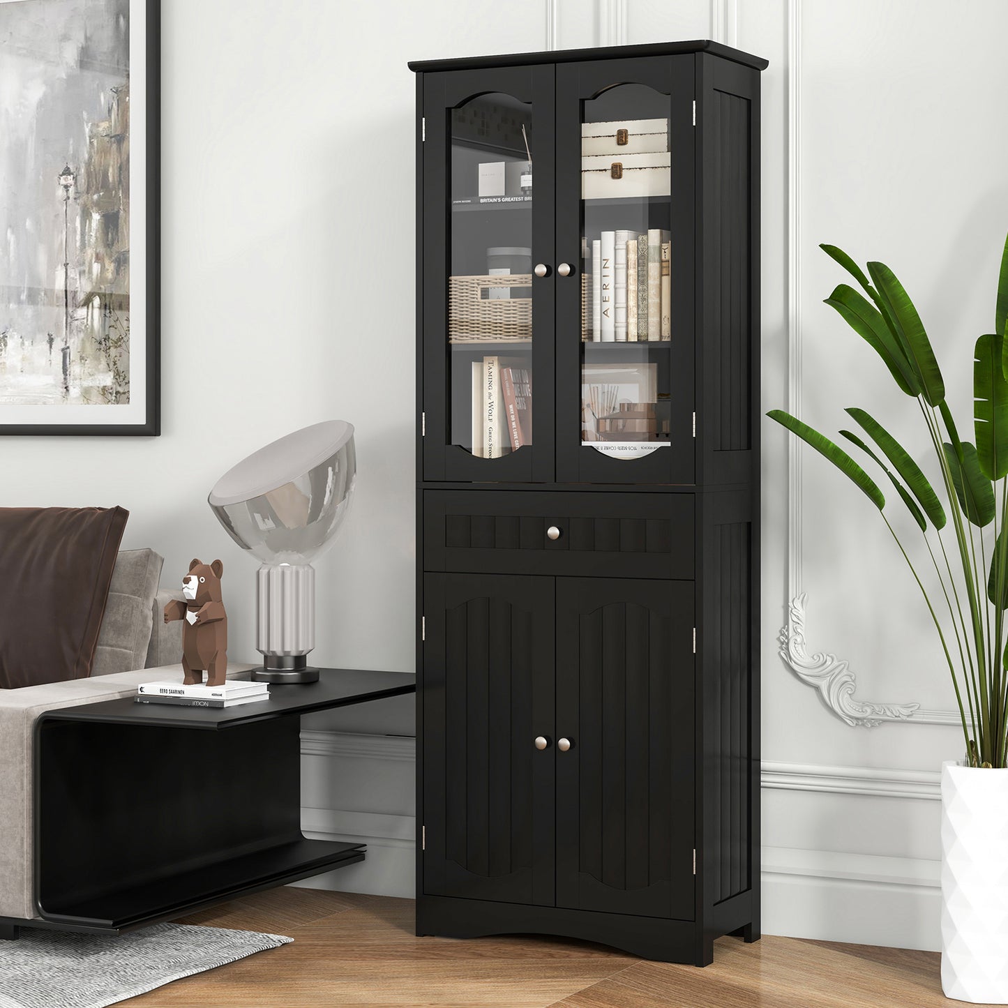 Hoge Opbergkast – Badkamerkast – Linnenkast – Keukenkast – Voorraadkast – Zwart MDF Met Veiligheidsglas – 160 cm Hoog – Anti-Kantelveiligheid