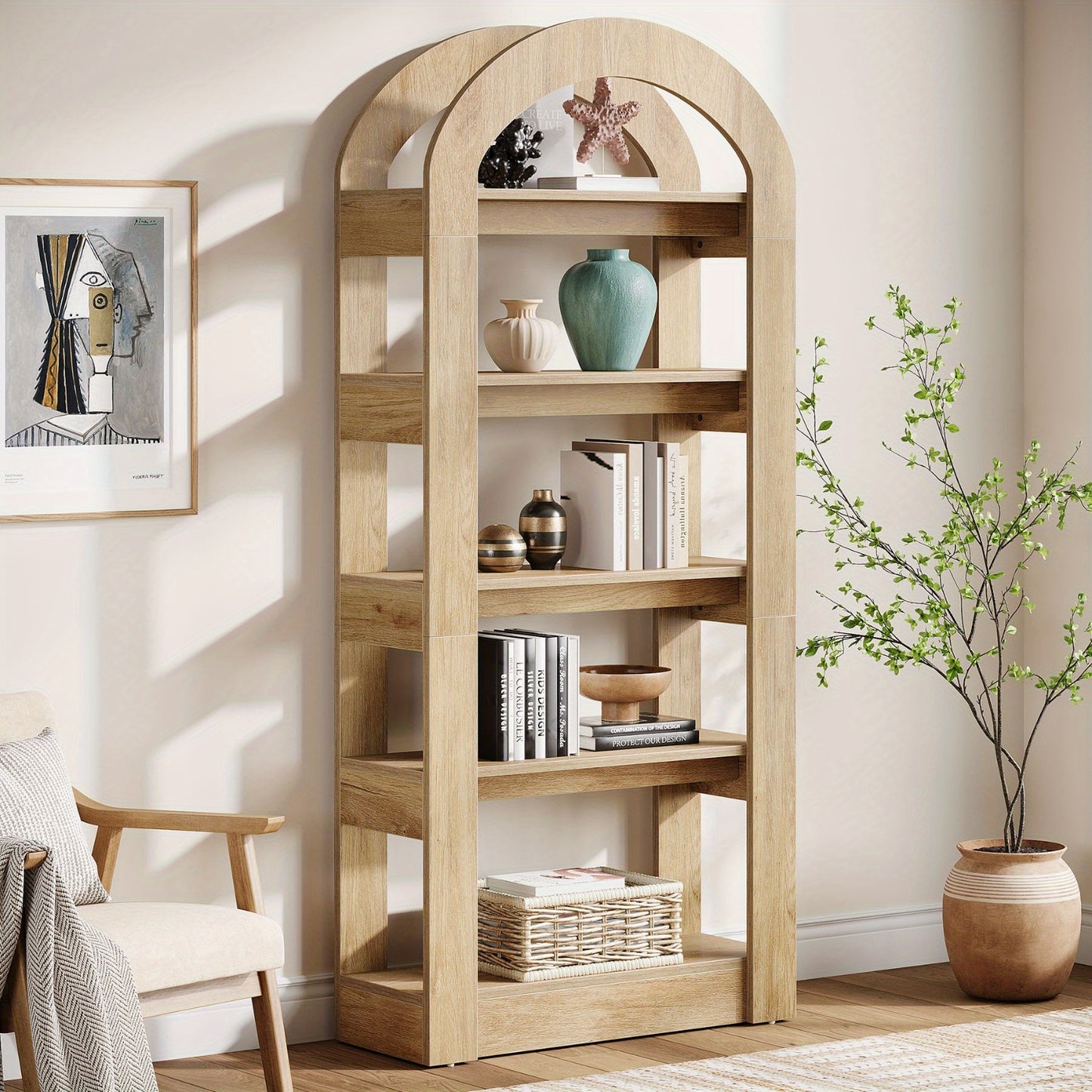 Boekenkast – Boekenrek – Opbergkast – Wandkast – Vakkenkast – Hoogstaand – Boogvormig Ontwerp – Hout & MDF – 5 Planken – Teak Kleur – Ruimtebesparend – 22,5 kg Draagvermogen per Plank