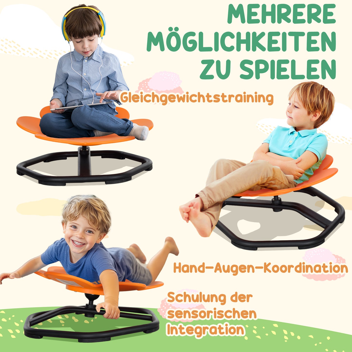 Draaistoel Kids – Sensorische Stoel – Balanceerstoel – Autisme Stoel – Kinderstoel Oranje – Ergonomisch Comfort – Beweging Bevordert Focus