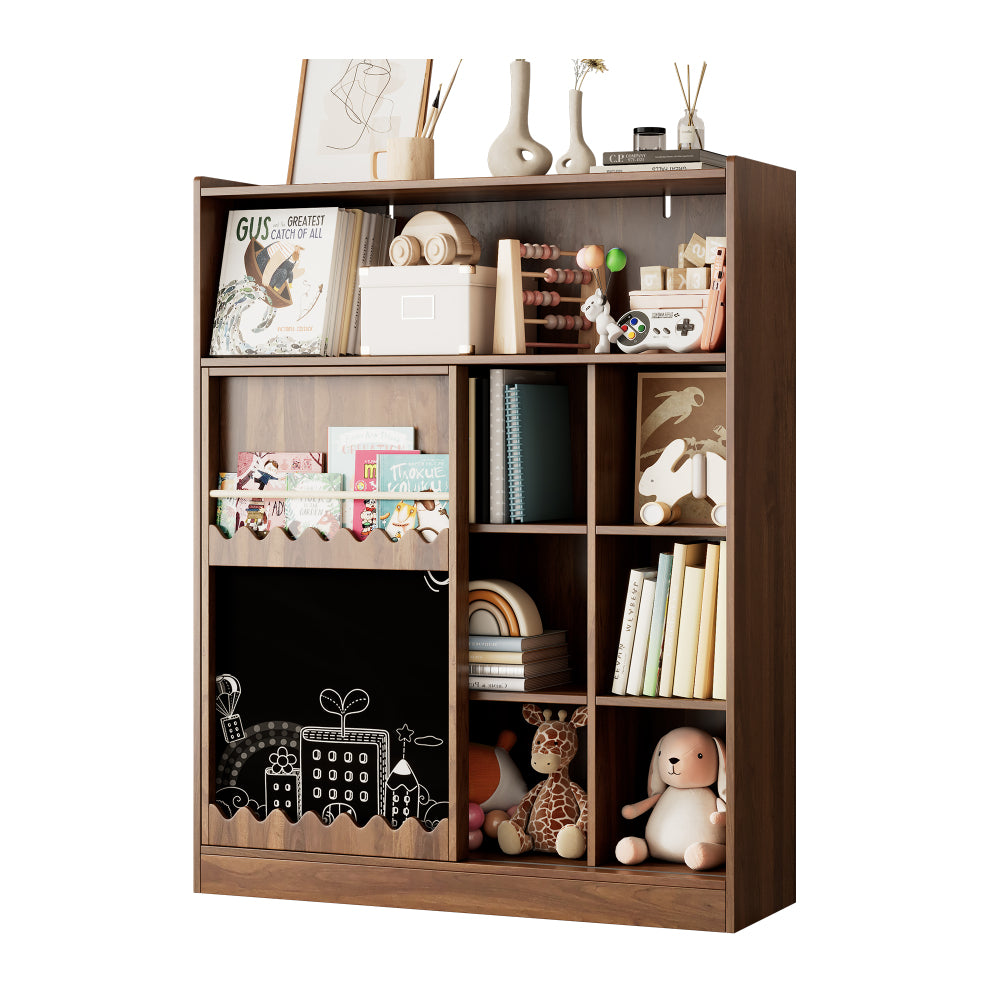 Boekenkast – Boekenrek – Opbergkast – Stellingkast – Vakkenkast – Metalen Boekenkast Retro Bruin – Krijtbord Schuifdeuren – 100 kg Draagkracht – 9 Vakken – Kant-en-klaar – Smal Verticaal Design