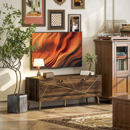 TV-Meubel – TV-Kast – Televisiekast – Mediameubel – TV-Standaard – Geschikt voor televisies tot 60 inch – Verstelbare planken met kabelbeheer – Modern bruin hout met goudkleurige stalen poten