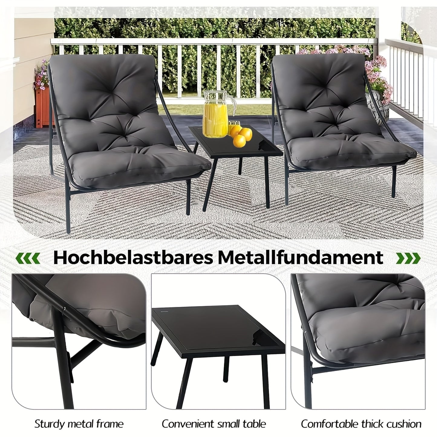 Balkonset – Balkonmeubelset – Bistroset – Tuinset – Loungeset – 3-delig – Metaal – Compact Grijs Met Kussens