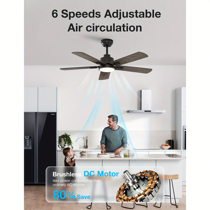 Plafondventilator – Ventilator – Plafondventilator Met Licht – Ventilator Met LED – Silent Fan – Matzwart – 132 cm – 6 Snelheden Reversibele DC Motor