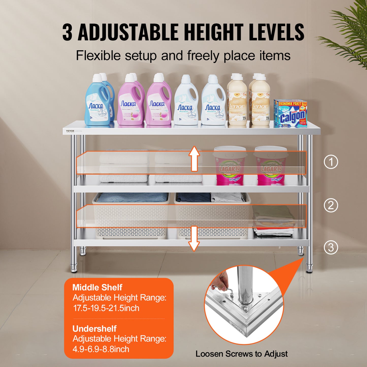 Werktafel – Werkbank – Inklapbare Werktafel – Opbergtafel – Metaaltafel – Roestvrij Staal – 152x86x35 cm – 2 Verstelbare Legplanken
