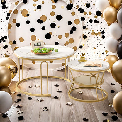 Salontafel – Bijzettafel – Koffietafel – Tafeltje – Ronde Salontafel Set – Gouden Metaal Frame – Marmer Effect Tafelblad – Stapelbaar – Lichtgewicht