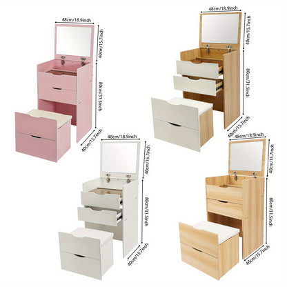CNCEST Modern Compact Vanity Desk with Makeup Stool - 3-Drawer Storage, Flip-Top Mirror, Space-Saving Design, Sturdy Hardwood Construction, Cream White/Cream Pink/Log Finish for Small Spaces, Dorm, Apartment, Studio, Makeup V