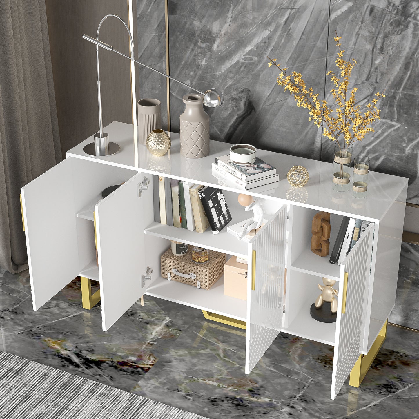 Dressoir – Sideboard – Opbergkast – Kast – Buffetkast – Wit Hoogglans – Geometrische Deuren – 140x40x80 cm – Metalen Handgrepen – Metalen Pootjes
