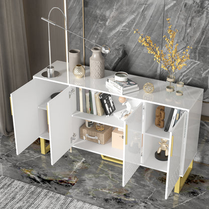 Dressoir – Sideboard – Opbergkast – Kast – Buffetkast – Wit Hoogglans – Geometrische Deuren – 140x40x80 cm – Metalen Handgrepen – Metalen Pootjes