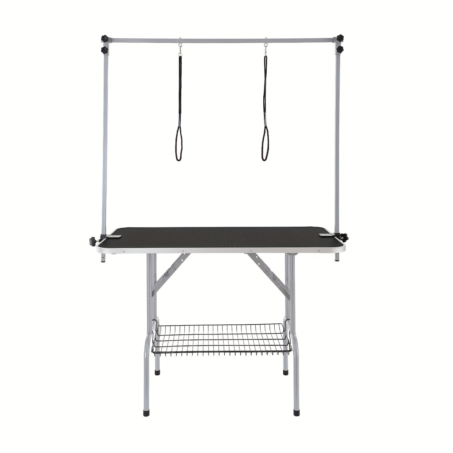 Trimtafel Hond – Trimbank Honden – Hondenverzorgingstafel – Grooming Tafel – Opvouwbare Verzorgingstafel – Dubbele Armen – Met Opbergrek – Stevig Metalen Frame – Roestvrijstalen Afwerking