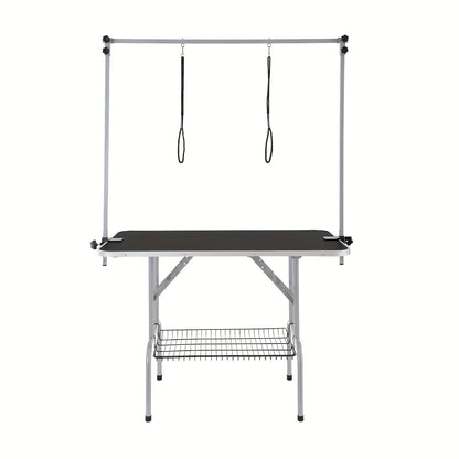 Trimtafel Hond – Trimbank Honden – Hondenverzorgingstafel – Grooming Tafel – Opvouwbare Verzorgingstafel – Dubbele Armen – Met Opbergrek – Stevig Metalen Frame – Roestvrijstalen Afwerking