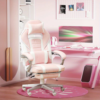Gamingstoel – Gamestoel – Gaming Chair – Bureaustoel – Game Stoel – Ergonomisch Design – Verstelbare Hoogte 48-55,5 cm – Roze PU Leder – Met Lenden- en Neksteun – Max 120 kg – 360° Draaibaar