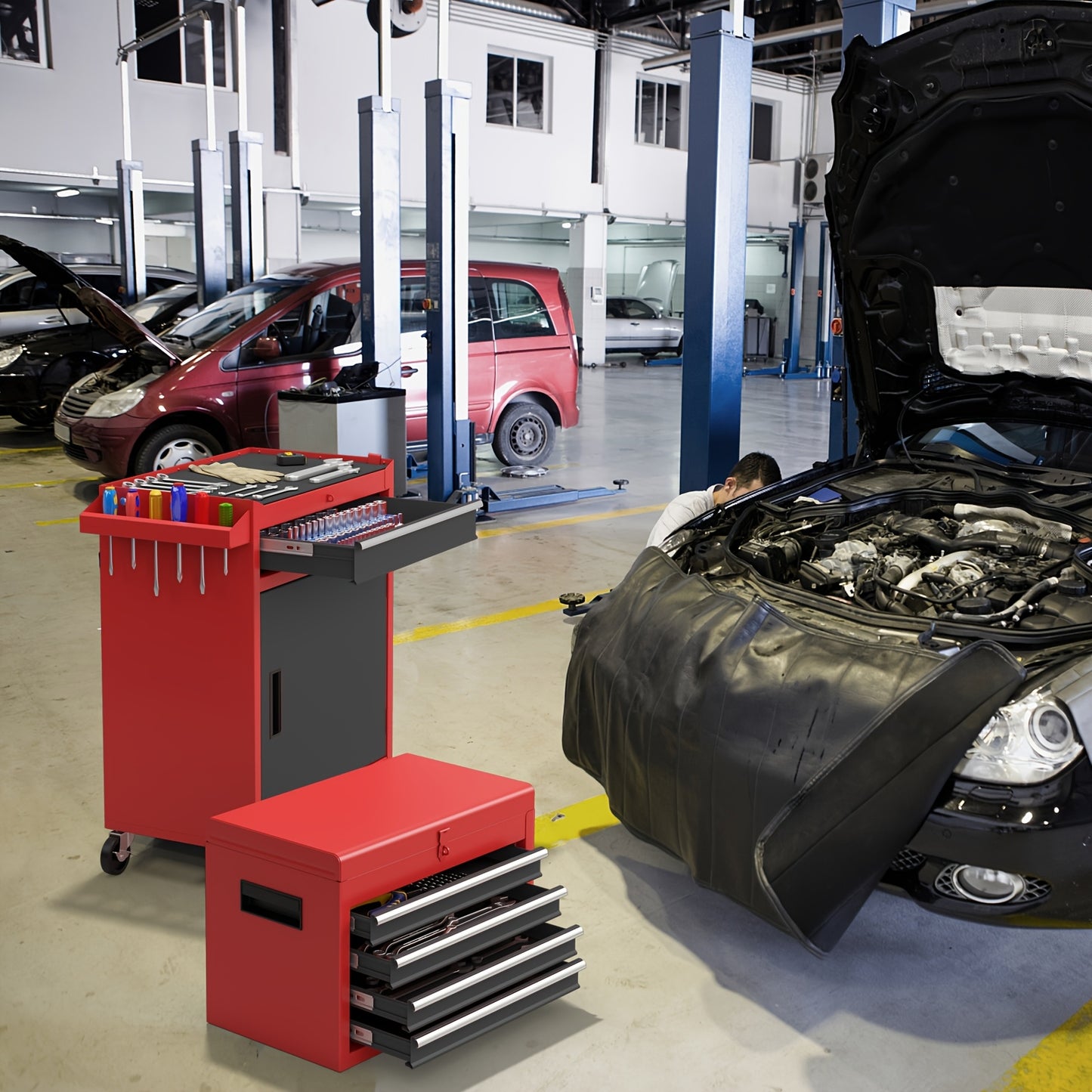 Werkbank – Werktafel – Gereedschapskist – Opbergkast – Mobiele Werkbank – 5 Lades – Opvouwbaar – Verstelbare Plank – Metalen Frame – Rood