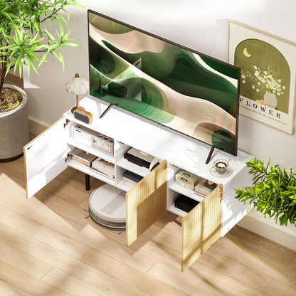 HOMCOM TV Stand Wooden TV Cabinet for Tvs Up to 65 Inches with Cane-Door Cabinets And Cable Pass-Through for Living Room Bedroom, Natural Wood Effect
