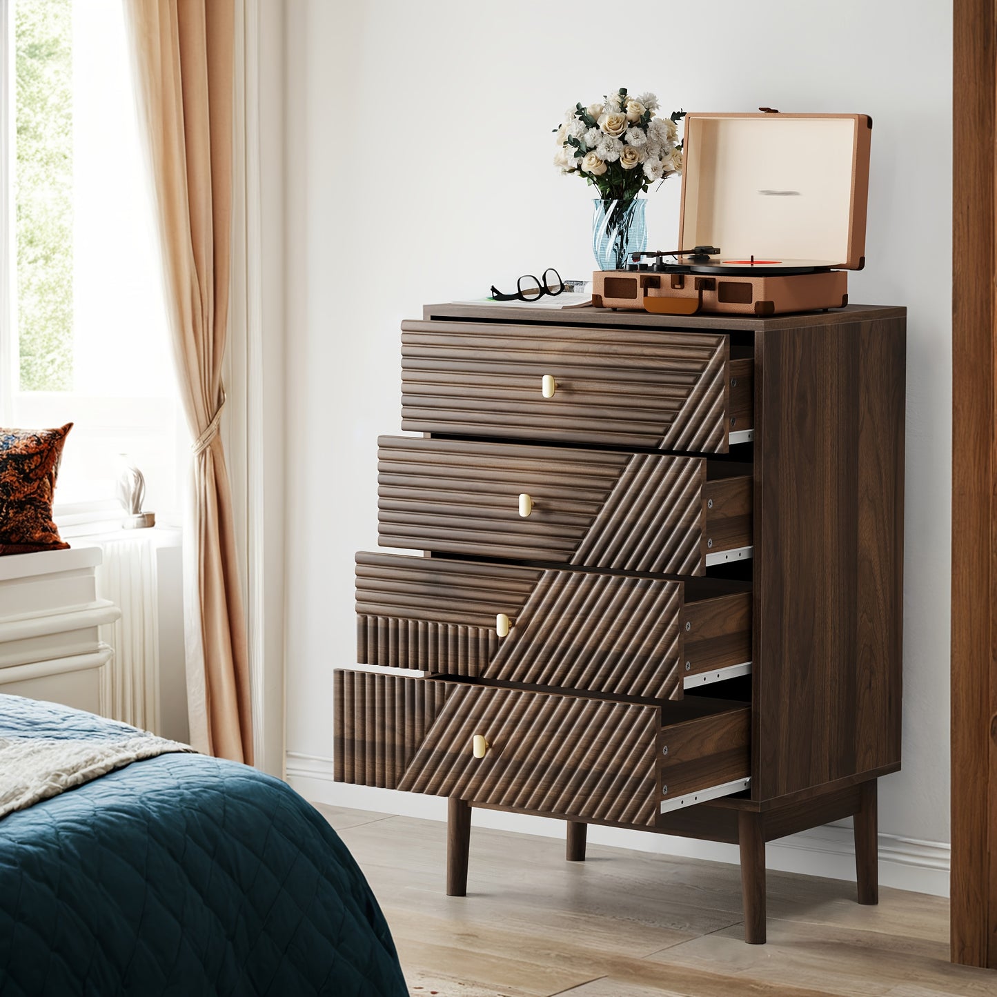 Ladekast – Ladeblok – Dressoir – Opbergkast – Commode – Modern Design – 4 Ruime Lades – Walnootkleur