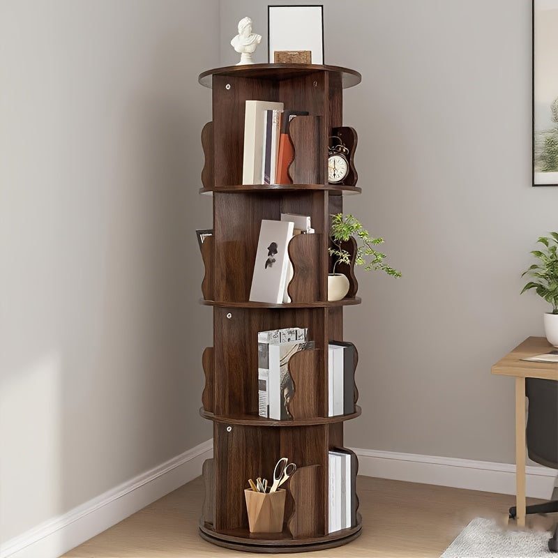360° Draaibare Boekenplank – Draaibare Boekenkast – Rotatie Boekenrek – Verticale Boekenplank – Houten Boekenrek – 5 Lagen – Compact Ruimtebesparend Design – Massief Hout Retro Bruin