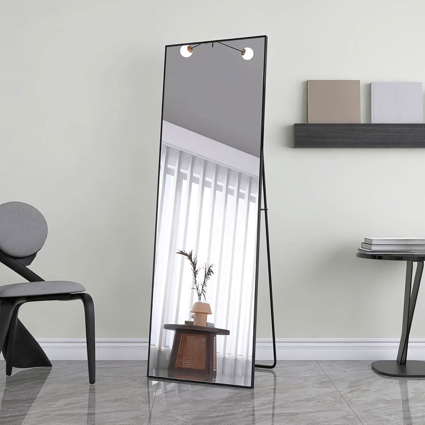Vloerspiegel – Passpiegel – Staande Spiegel – Wandspiegel – Full Body Spiegel – 162 x 53 cm – Breukvrij Aluminium Frame – Zwart Elegant Design