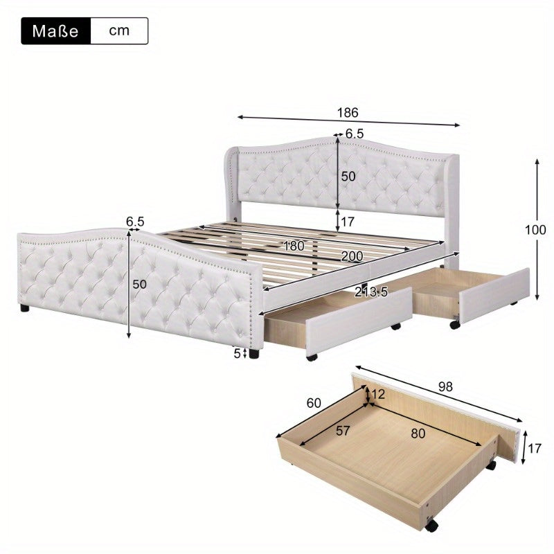Boxspringbed – Tweepersoonsbed – Slaapbed – Stofbed – Opbergbed – 180x200 cm – Hoog Gestoffeerd Hoofdeinde – 2 Grote Opbergladen