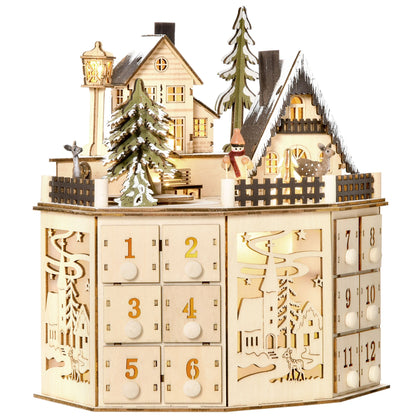 Adventskalender – Aftelkalender – Kerstkalender – Cadeaukalender – Sfeerkalender – 24 Laden – Natuurlijke Houten Afwerking met LED-Verlichting Zonder Stroomkabel