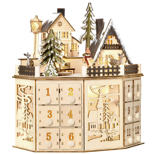 Adventskalender – Aftelkalender – Kerstkalender – Cadeaukalender – Sfeerkalender – 24 Laden – Natuurlijke Houten Afwerking met LED-Verlichting Zonder Stroomkabel