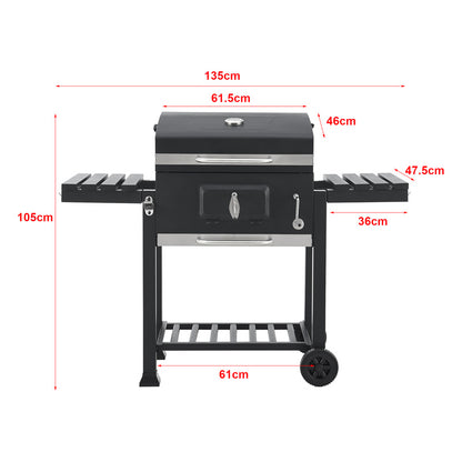 Grillwagen – Barbecuewagen – Houtskoolgrill – Tuingrill – BBQ Trolley – Ruime Grilloppervlakte 105x114x47,5 cm – Ingebouwde Thermometer & Traploze Houtskoolhoogteverstelling