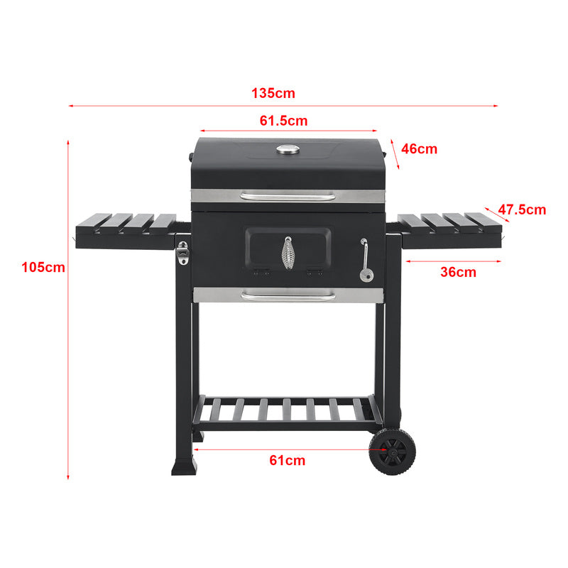 Grillwagen – Houtskoolbarbecue – Barbecuewagen – Tuingrill – BBQ Trolley – Zwart – Groot Grilloppervlak – Ingebouwde Thermometer
