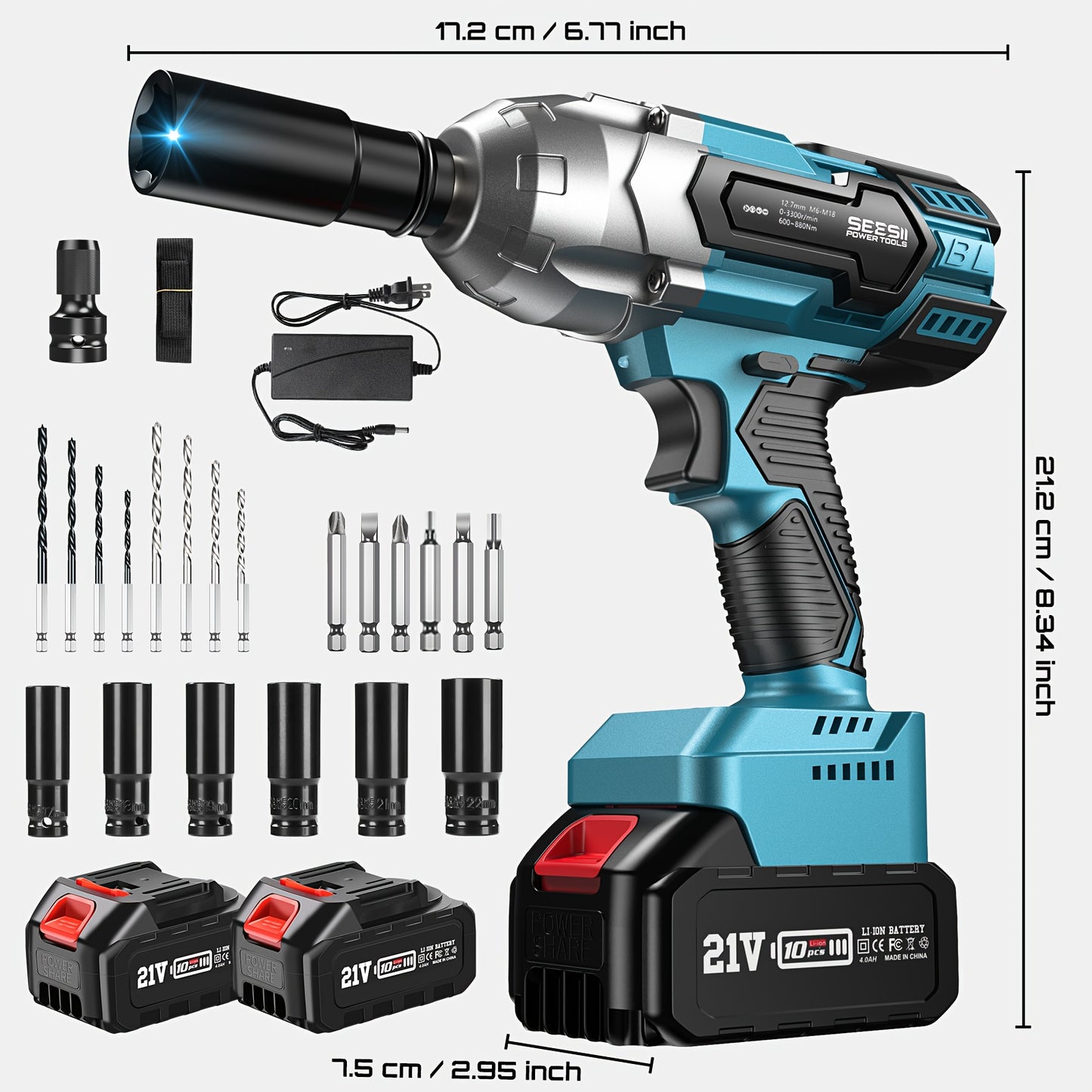 Slagschroevendraaier – Accu Slagschroevendraaier – Impact Wrench – Accuboormachine – Draadloze Slagschroevendraaier – 3300 RPM Brushless Motor – 2 x 4.0 Ah Lithium Batterijen